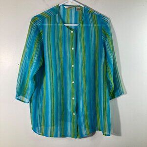 Womens Laura Ashley Vintage Silk Striped Button Shirt 3/4 Sleeve S Blue Green Si